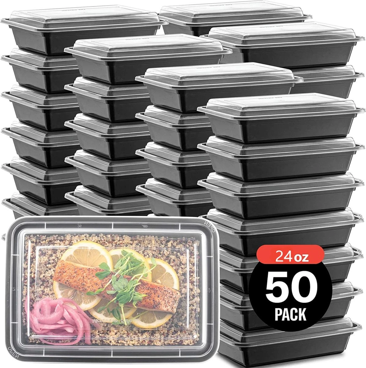 Buxibo - 50 Meal Prep Bakjes - Salade/Lunch Box - Diepvriesbakjes - Vershoudbakjes - Plastic Bakjes Met Deksel - Vershouddoos - Magnetron Vaatwasser Bestendig - 24 Oz/0.7 Liter Inhoud - Herbruikbaar - Kunststof - BPA Vrij - Zwart