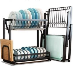 Doogo® Afdruiprek Met Lekbak 2 Laags – Inklapbaar - Muur Hangen Mogelijke - Afwasrek – Met 2 Lekbakken – Extra Accessories Voor Servies En Snijplanken - RVS -Huishoudelijke Artikelen Winkel 1200x1095