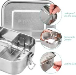 Navaris RVS Broodtrommel Met Verdeler - Meal Prep Bakje - Vershouddoos - Lunchbox - 17 X 13 X 6 Cm - Inhoud 0,8 Liter - Vaatwasbestendig -Huishoudelijke Artikelen Winkel 1200x1185 4