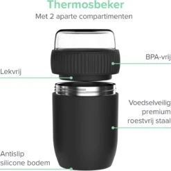 Coninx Thermos Lunchbox - Muesli Beker To Go - Isoleer Lunchpot - Yoghurtbeker To Go - Mueslibeker 840ml (600ml+240ml) - RVS / Zwart -Huishoudelijke Artikelen Winkel 1200x1198 30