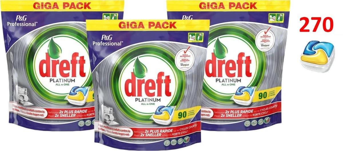 Dreft Platinum - All In One Lemon - 3 X 90 (270) Stuks - Vaatwastabletten - Voordeelverpakking 4 Dreft Platinum - All In One Lemon - 3 X 90 (270) Stuks - Vaatwastabletten - Voordeelverpakking - Afbeelding 2