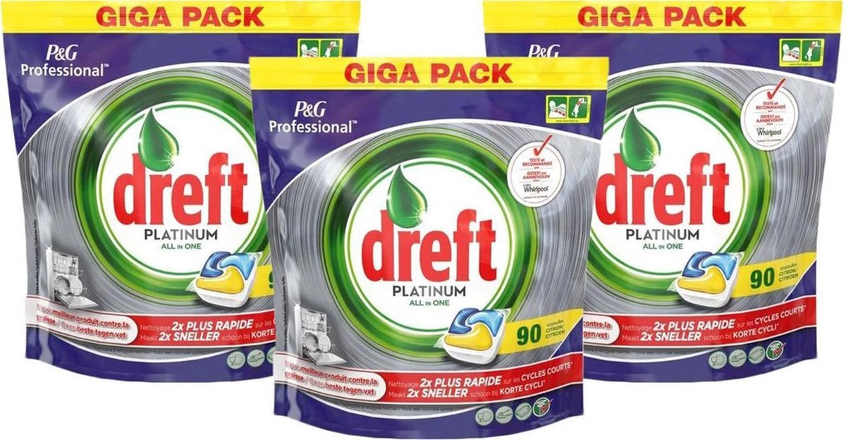 Dreft Platinum - All In One Lemon - 3 X 90 (270) Stuks - Vaatwastabletten - Voordeelverpakking 3 Dreft Platinum - All In One Lemon - 3 X 90 (270) Stuks - Vaatwastabletten - Voordeelverpakking